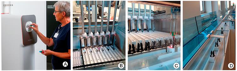 Samples are sent with the Tempus600® sending station (A) and arrive in the receiving unit in the lab (B). Samples are placed directly on the GLP tracking system using the GLP FIFO robot (C) and continue the journey on the track (D).